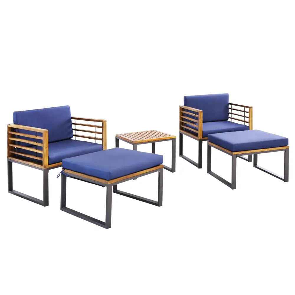 5 Pieces Patio Acacia Wood Chair Set with Ottomans and Coffee Table-Navy - Navy - Patio Conversation Sets