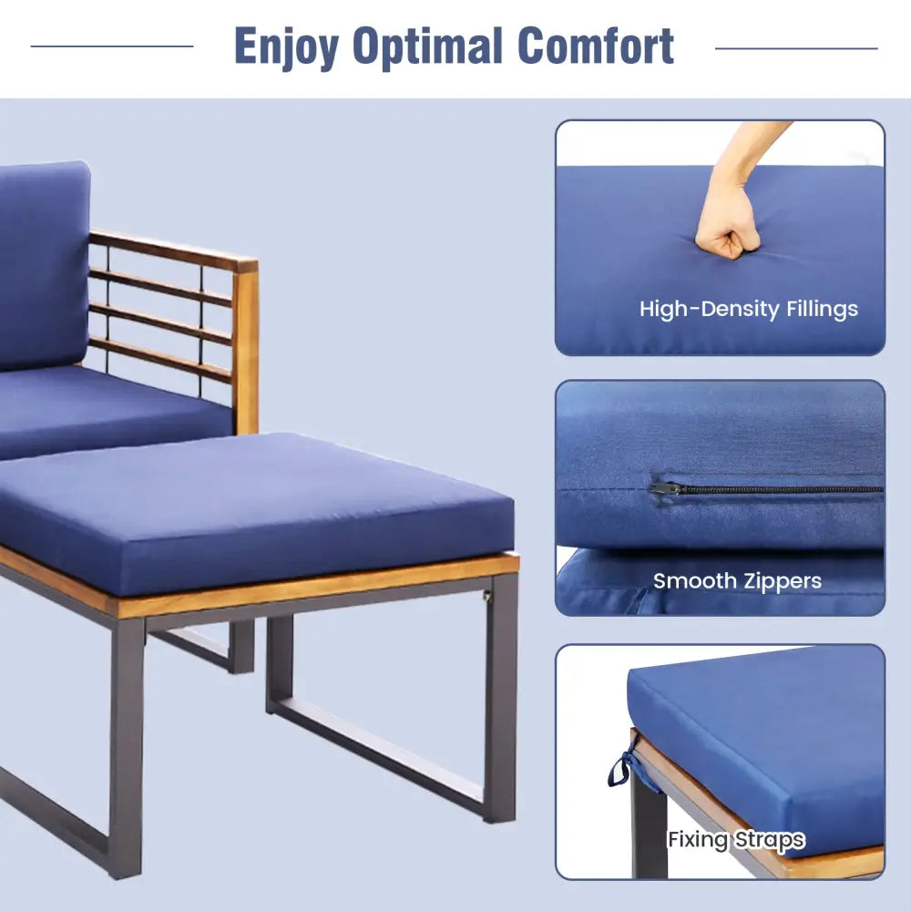 5 Pieces Patio Acacia Wood Chair Set with Ottomans and Coffee Table-Navy - Navy - Patio Conversation Sets