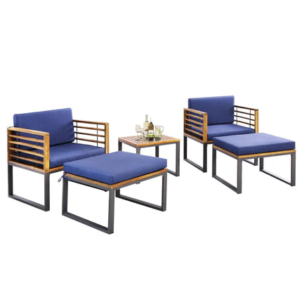 5 Pieces Patio Acacia Wood Chair Set with Ottomans and Coffee Table-Navy - Navy - Patio Conversation Sets