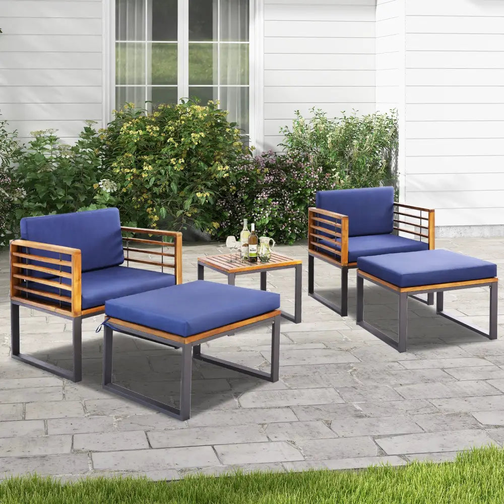 5 Pieces Patio Acacia Wood Chair Set with Ottomans and Coffee Table-Navy - Navy - Patio Conversation Sets