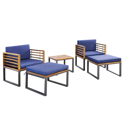 5 Pieces Patio Acacia Wood Chair Set with Ottomans and Coffee Table-Navy - Navy - Patio Conversation Sets