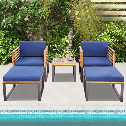 5 Pieces Patio Acacia Wood Chair Set with Ottomans and Coffee Table-Navy - Navy - Patio Conversation Sets