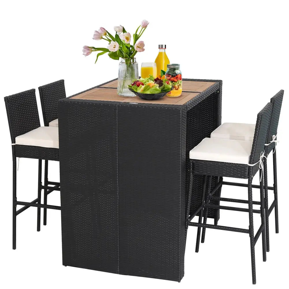 5 Pieces Patio Acacia Wood Dining Set - Black - Patio Bar Furniture