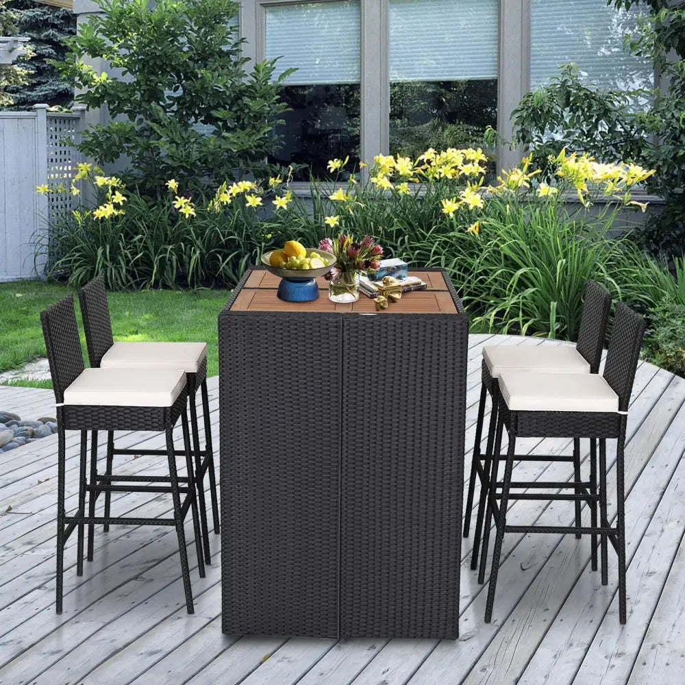 5 Pieces Patio Acacia Wood Dining Set - Black - Patio Bar Furniture