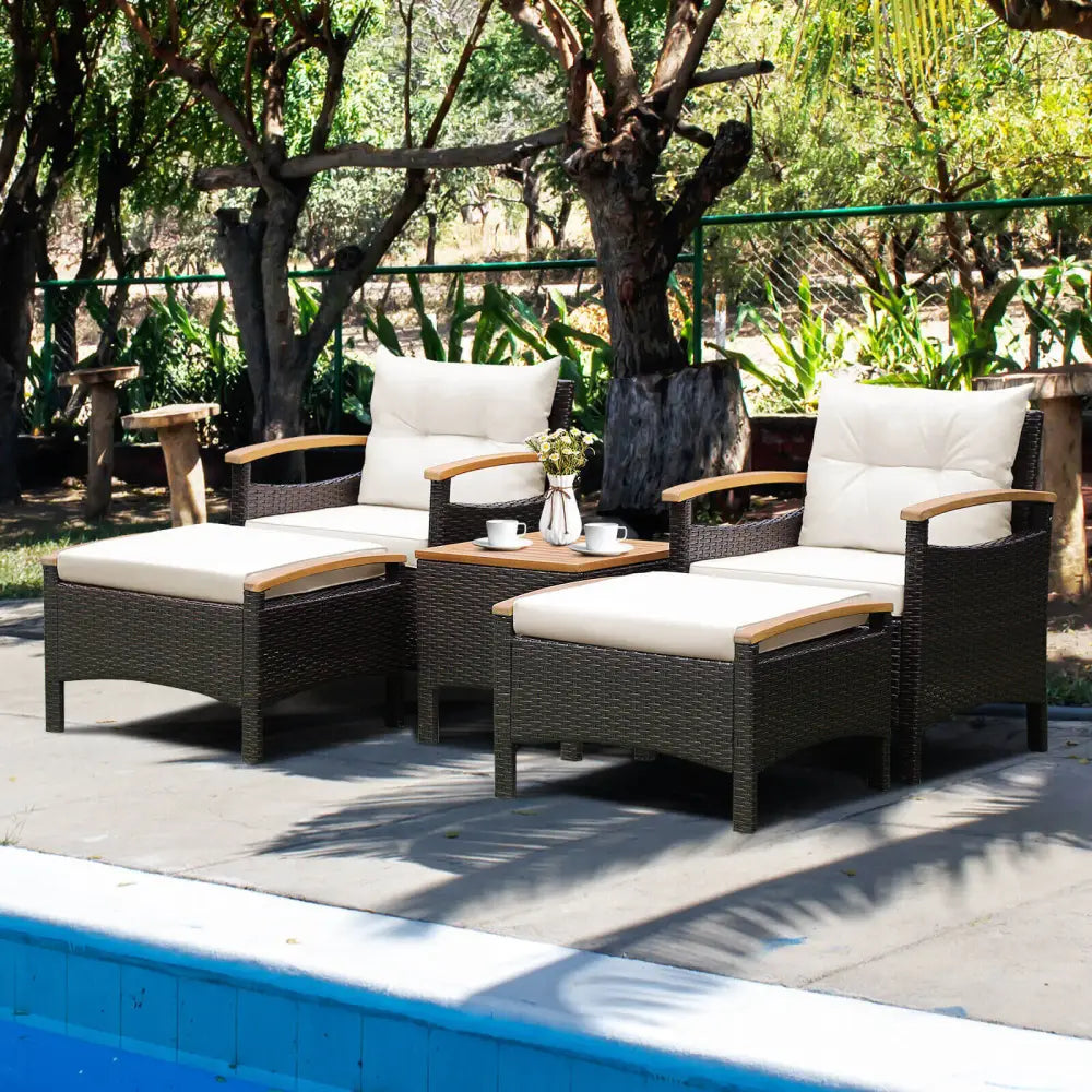 5 Pieces Patio Conversation Set with Cushions Coffee Table and 2 Ottomans - White - Patio Furniture Sets