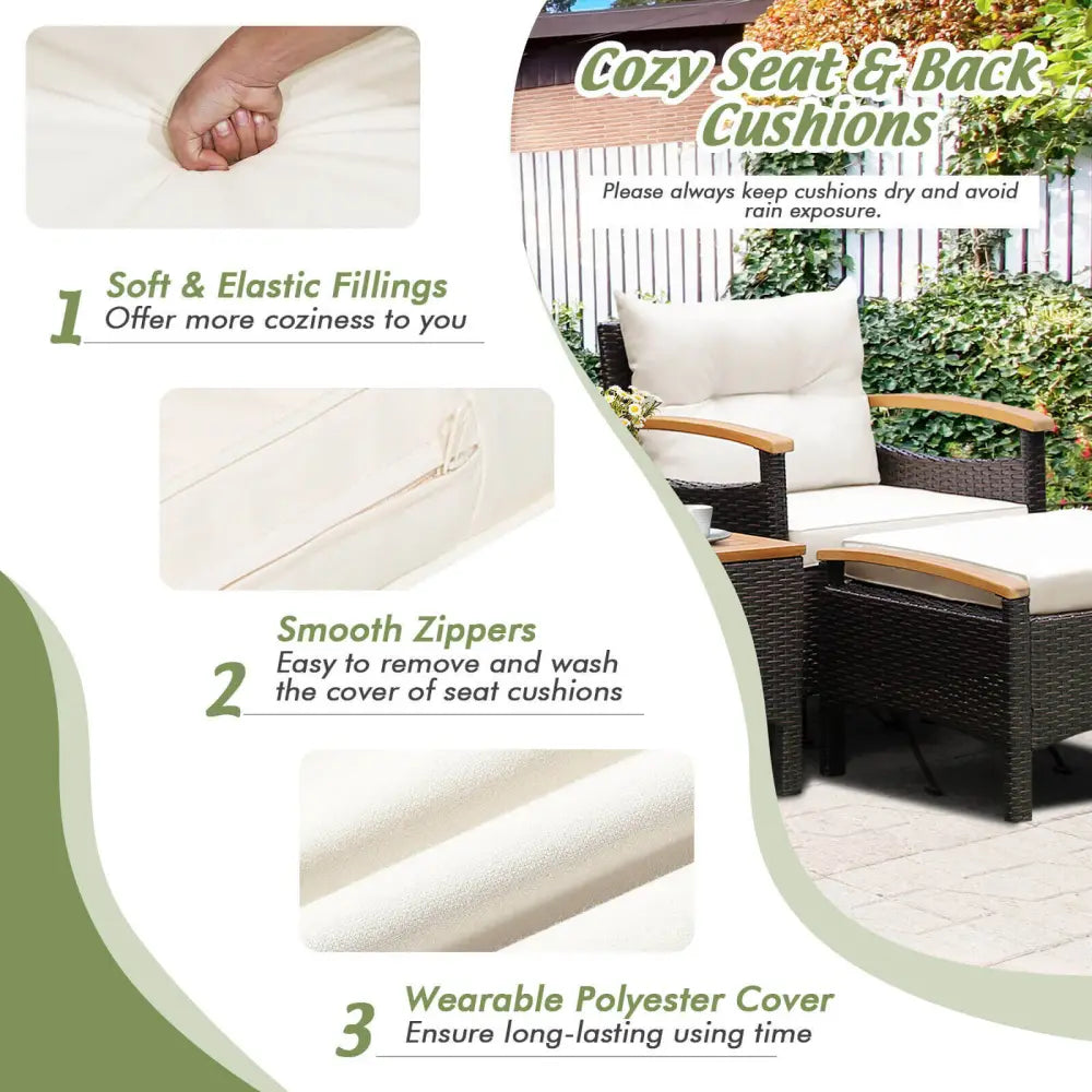 5 Pieces Patio Conversation Set with Cushions Coffee Table and 2 Ottomans - White - Patio Furniture Sets
