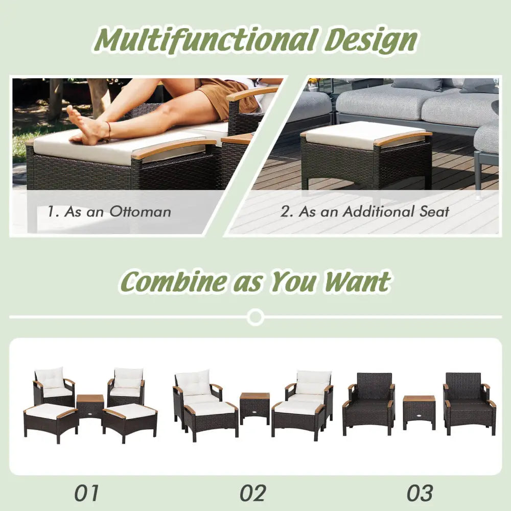 5 Pieces Patio Conversation Set with Cushions Coffee Table and 2 Ottomans - White - Patio Furniture Sets