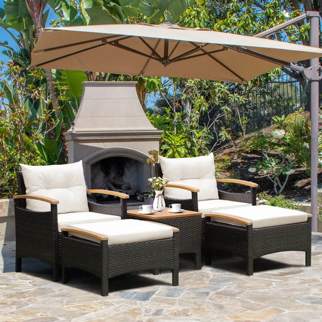 5 Pieces Patio Conversation Set with Cushions Coffee Table and 2 Ottomans - White - Patio Furniture Sets