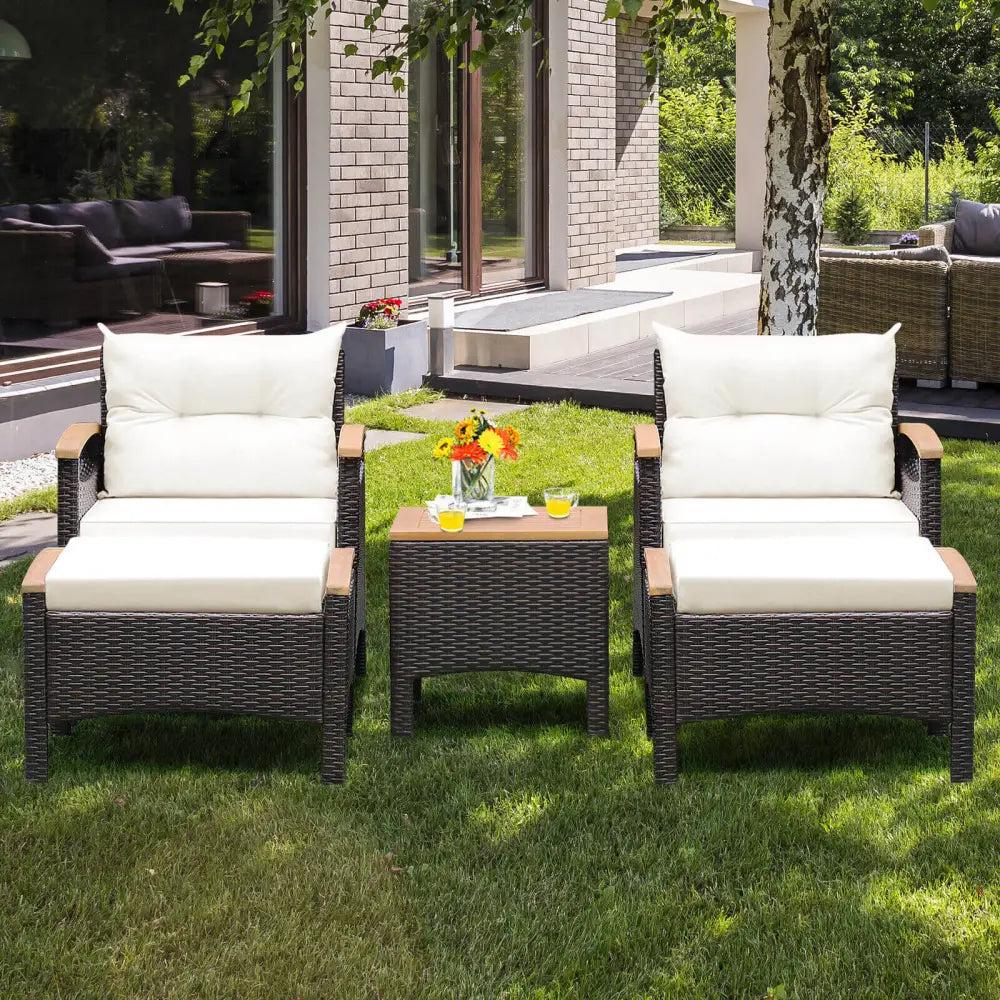 5 Pieces Patio Conversation Set with Cushions Coffee Table and 2 Ottomans - White - Patio Furniture Sets