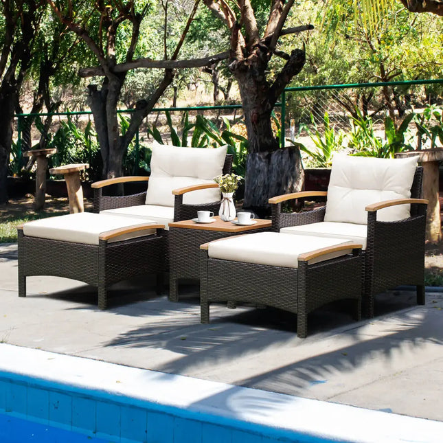 5 Pieces Patio Conversation Set with Cushions Coffee Table and 2 Ottomans - White - Patio Furniture Sets