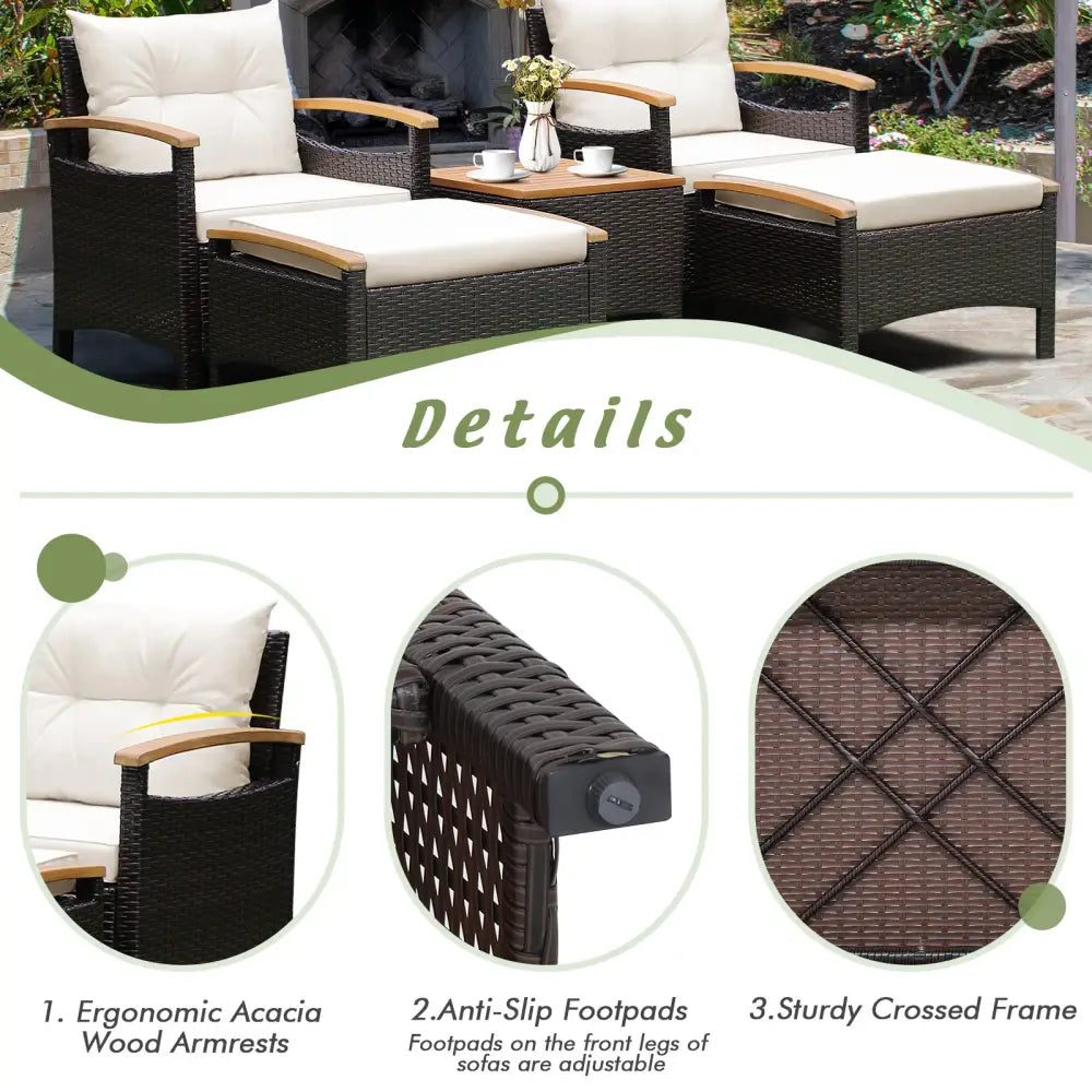 5 Pieces Patio Conversation Set with Cushions Coffee Table and 2 Ottomans - White - Patio Furniture Sets