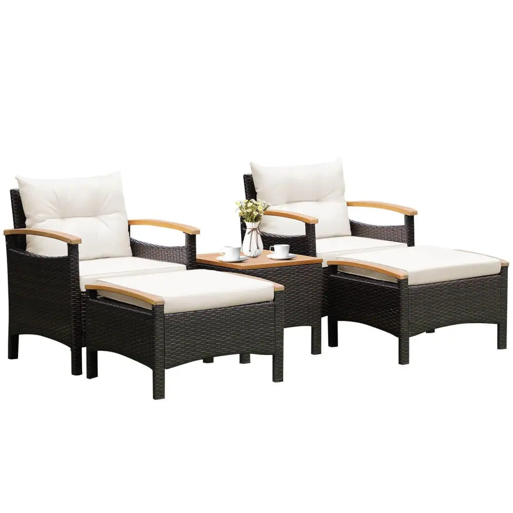 5 Pieces Patio Conversation Set with Cushions Coffee Table and 2 Ottomans - White - Patio Furniture Sets