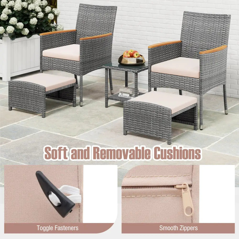 5 Pieces Patio Conversation Set with Soft Cushions and Ottomans-Beige - Beige - Patio Conversation Sets