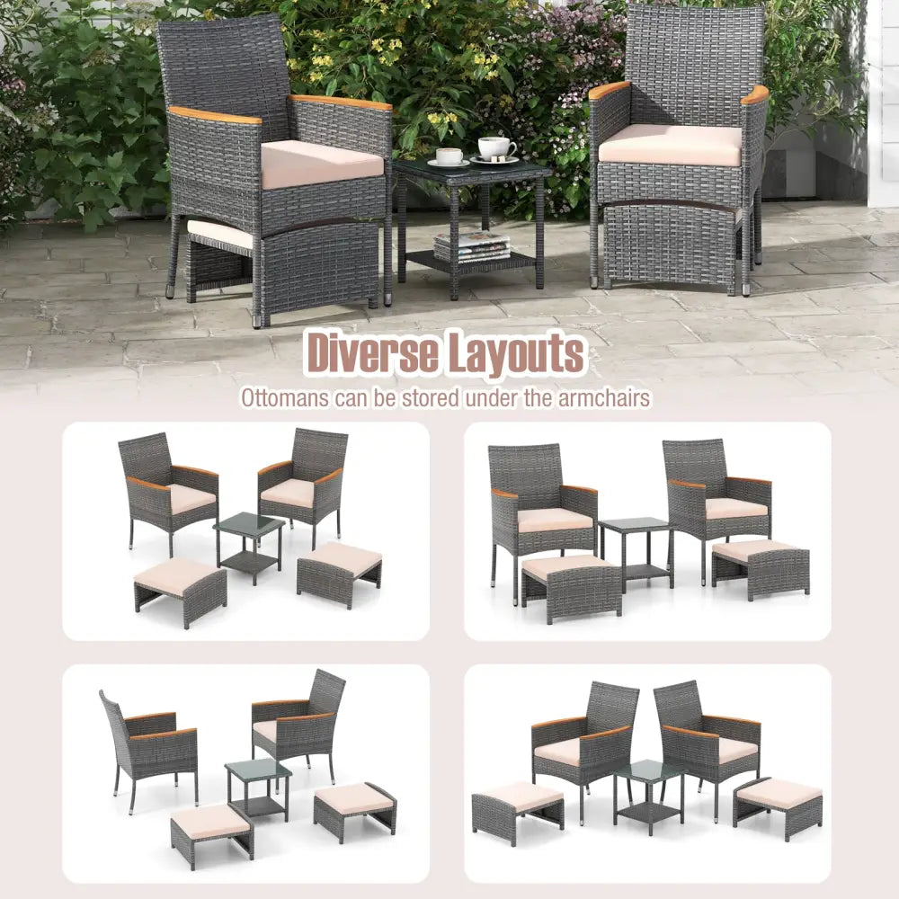 5 Pieces Patio Conversation Set with Soft Cushions and Ottomans-Beige - Beige - Patio Conversation Sets