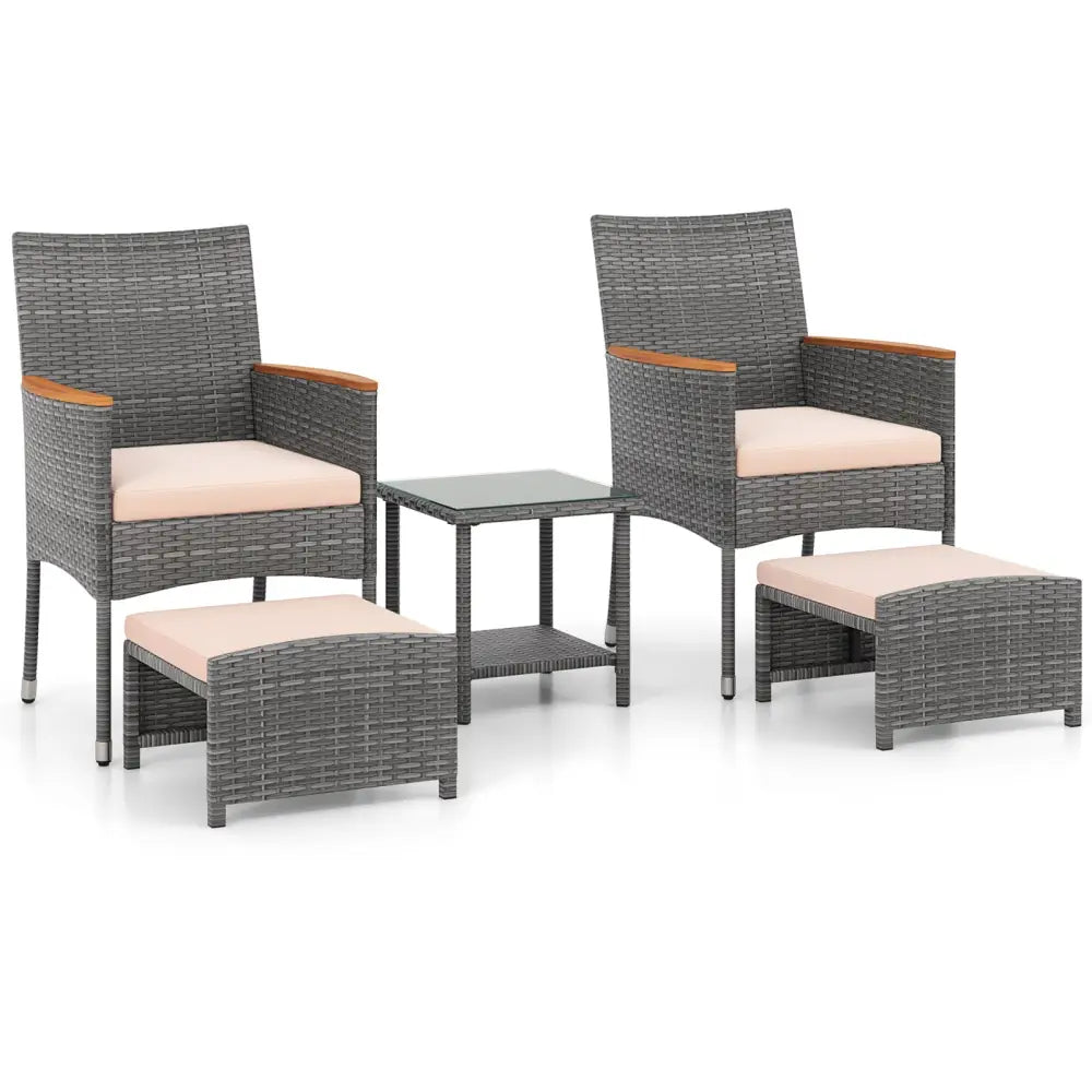 5 Pieces Patio Conversation Set with Soft Cushions and Ottomans-Beige - Beige - Patio Conversation Sets