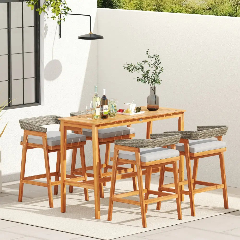5 Pieces Patio Counter Height Bar Set with 4 Cushioned Barstools - Patio Dining Sets