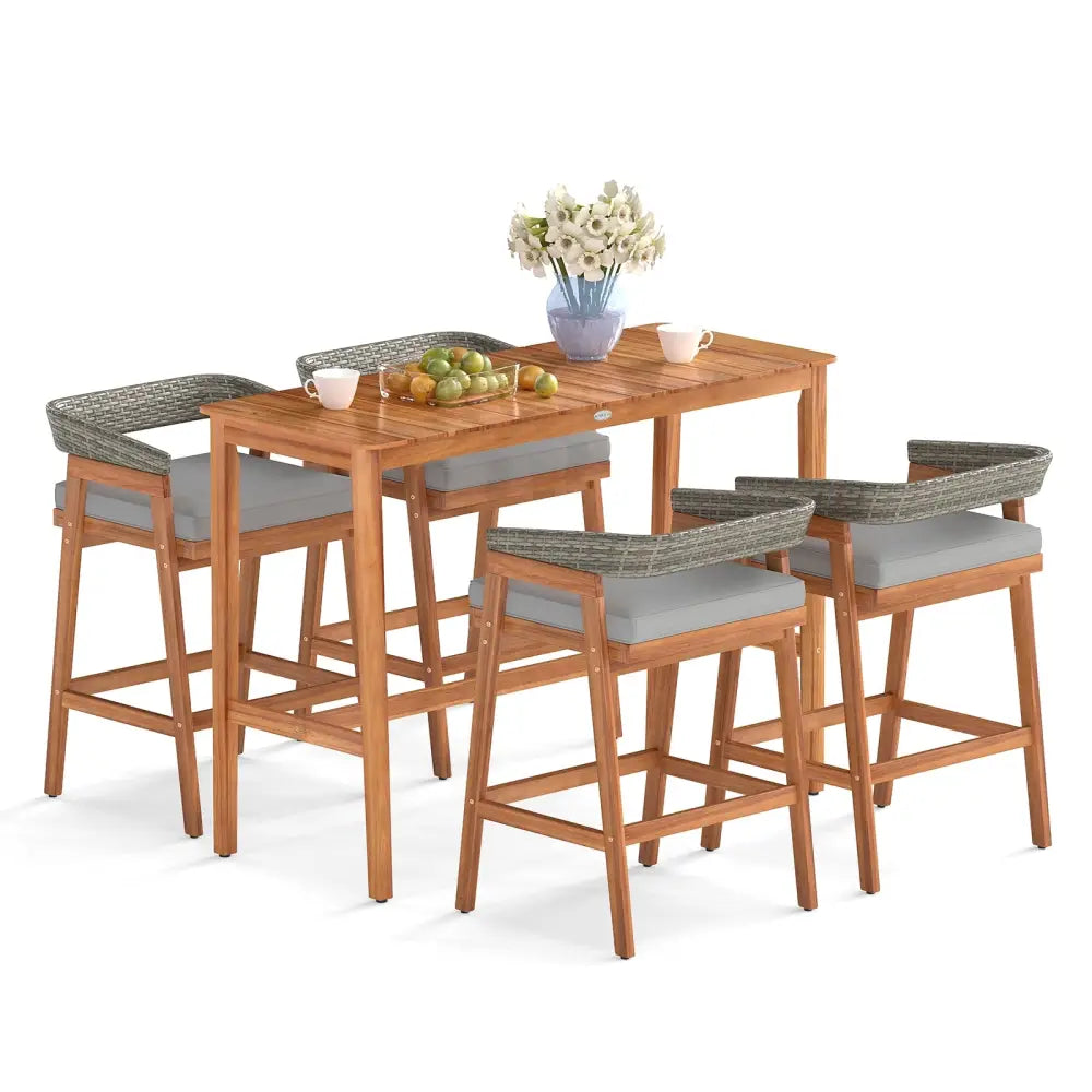 5 Pieces Patio Counter Height Bar Set with 4 Cushioned Barstools - Patio Dining Sets