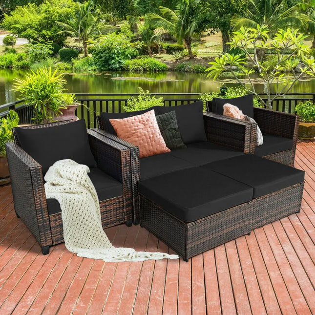 5 Pieces Patio Cushioned Rattan Furniture Set-Black - Black - Outdoor Sectionals