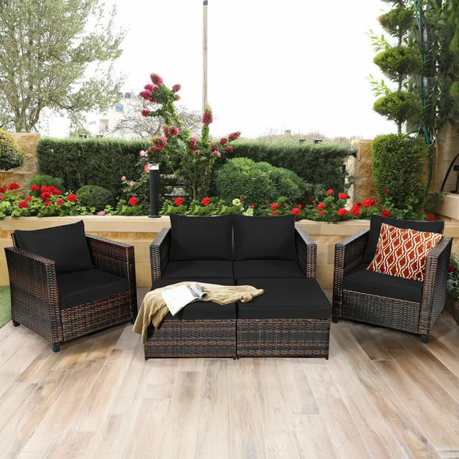 5 Pieces Patio Cushioned Rattan Furniture Set-Black - Black - Outdoor Sectionals