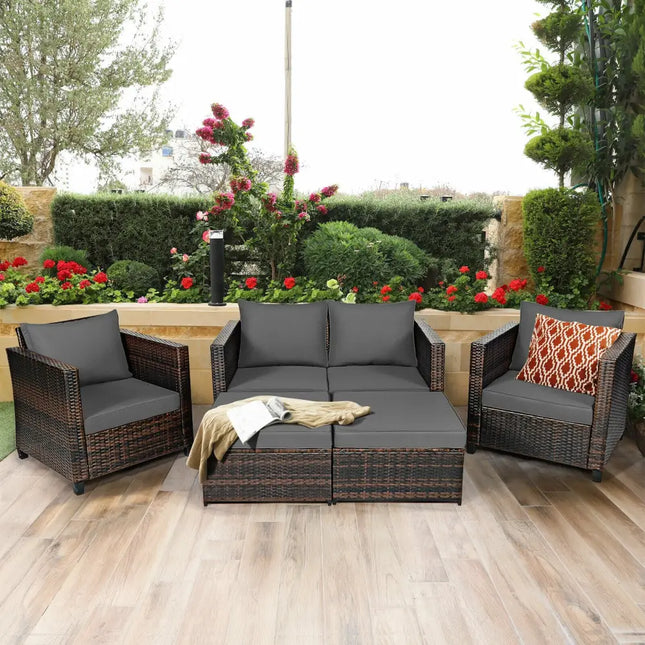 5 Pieces Patio Cushioned Rattan Furniture Set-Gray - Gray - Outdoor Sectionals