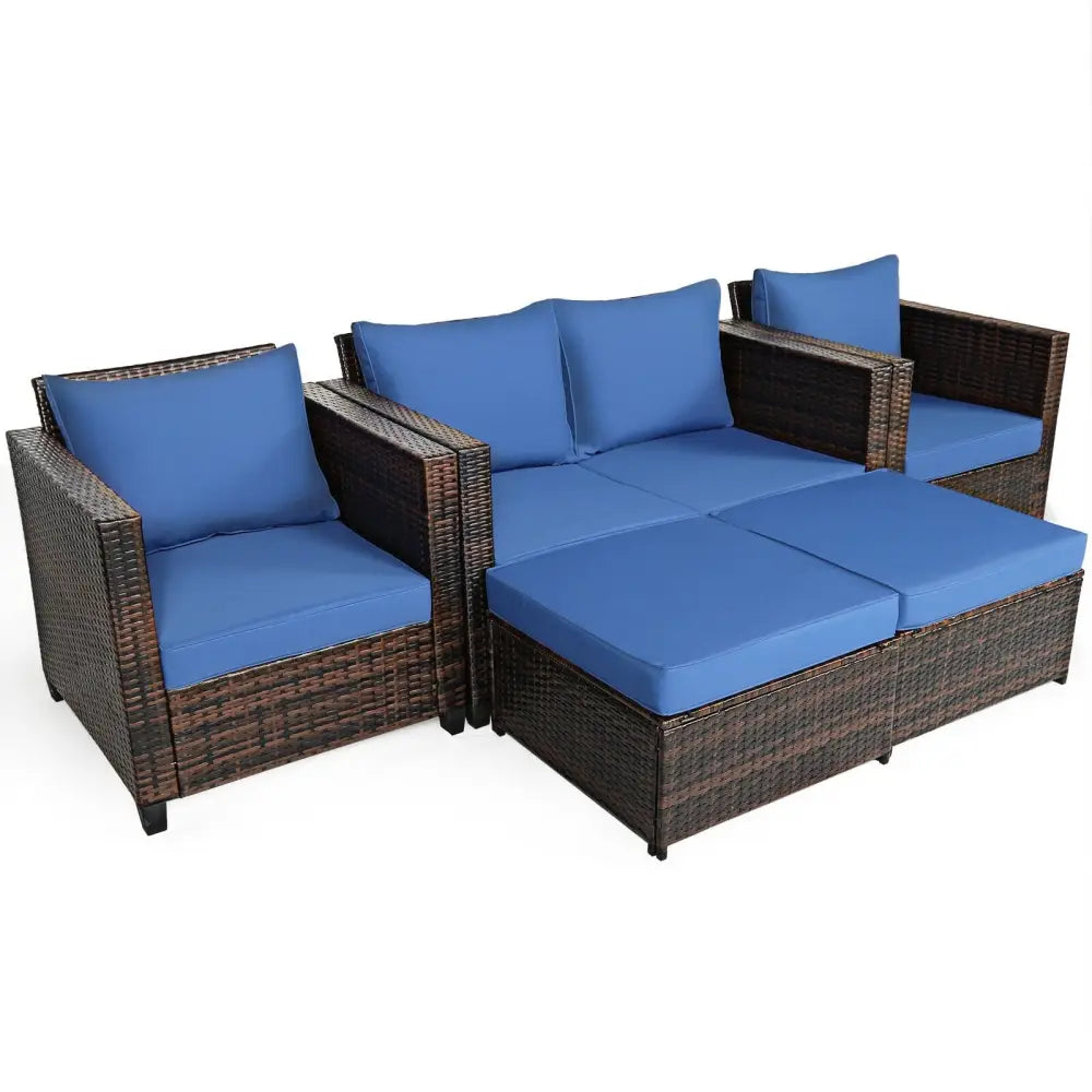 5 Pieces Patio Cushioned Rattan Furniture Set-Navy - Navy - Outdoor Sectionals