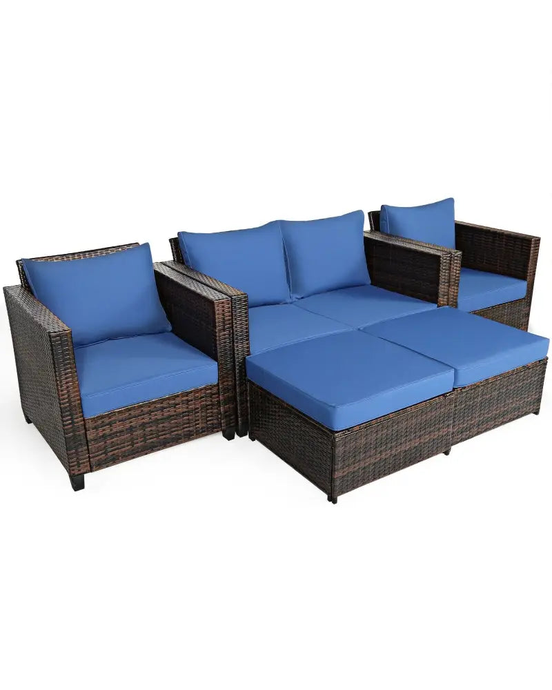 5 Pieces Patio Cushioned Rattan Furniture Set-Navy - Navy - Outdoor Sectionals