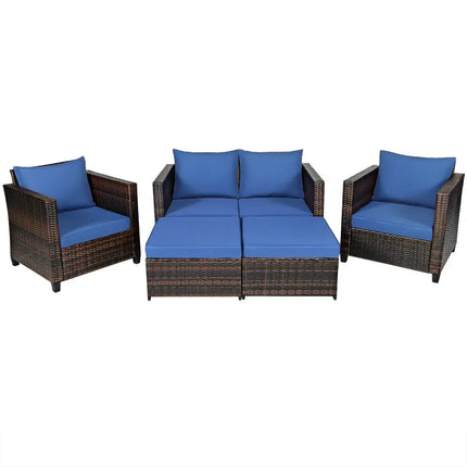 5 Pieces Patio Cushioned Rattan Furniture Set-Navy - Navy - Outdoor Sectionals
