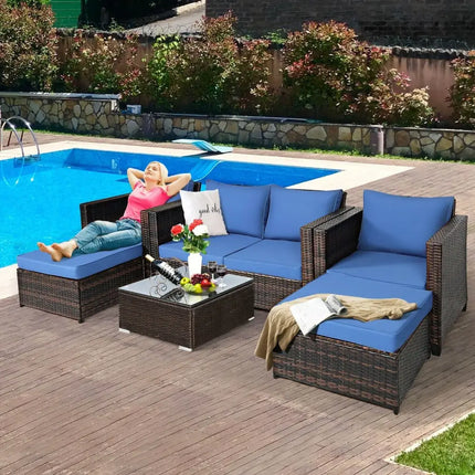 5 Pieces Patio Cushioned Rattan Furniture Set-Navy - Navy - Outdoor Sectionals