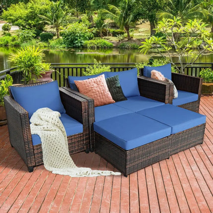 5 Pieces Patio Cushioned Rattan Furniture Set-Navy - Navy - Outdoor Sectionals