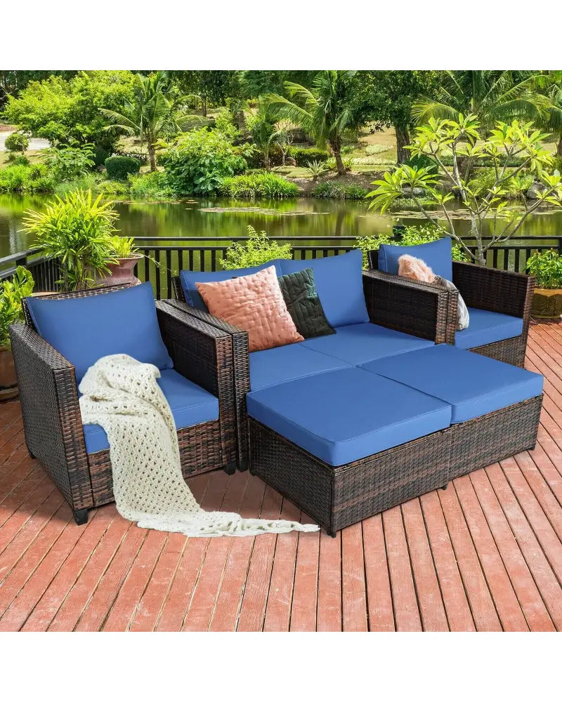 5 Pieces Patio Cushioned Rattan Furniture Set-Navy - Navy - Outdoor Sectionals