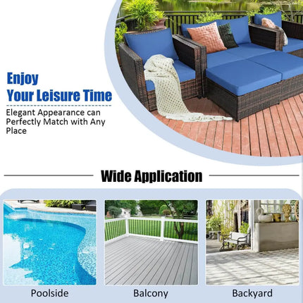 5 Pieces Patio Cushioned Rattan Furniture Set-Navy - Navy - Outdoor Sectionals
