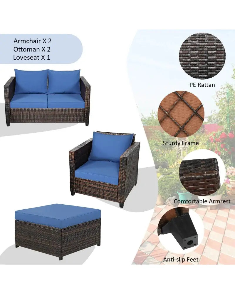 5 Pieces Patio Cushioned Rattan Furniture Set-Navy - Navy - Outdoor Sectionals