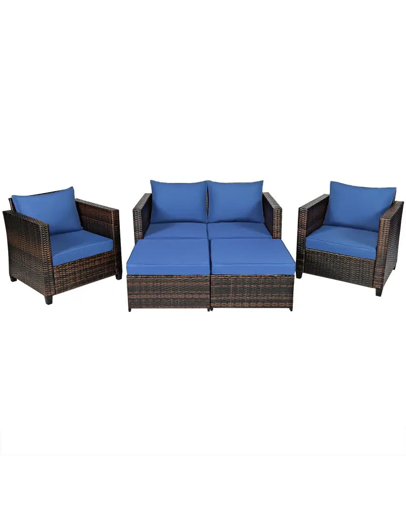 5 Pieces Patio Cushioned Rattan Furniture Set-Navy - Navy - Outdoor Sectionals