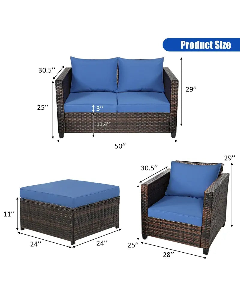 5 Pieces Patio Cushioned Rattan Furniture Set-Navy - Navy - Outdoor Sectionals