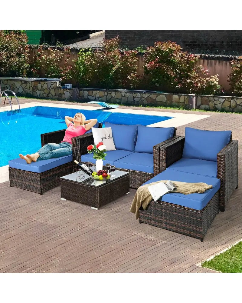 5 Pieces Patio Cushioned Rattan Furniture Set-Navy - Navy - Outdoor Sectionals