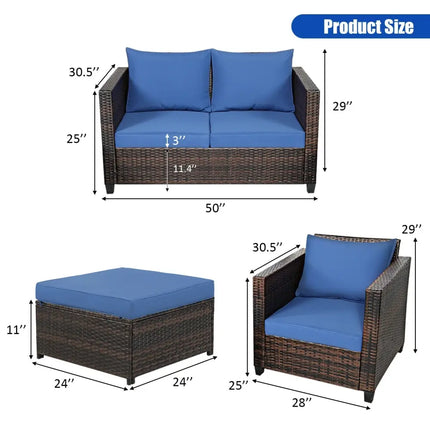 5 Pieces Patio Cushioned Rattan Furniture Set-Navy - Navy - Outdoor Sectionals