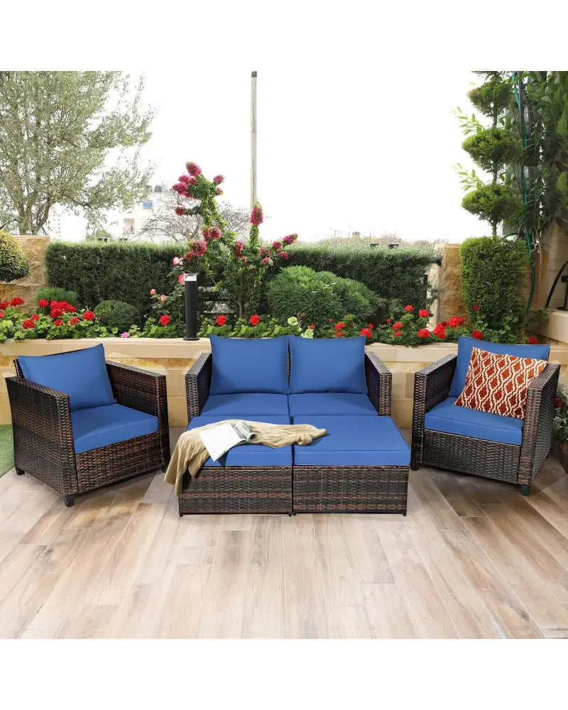 5 Pieces Patio Cushioned Rattan Furniture Set-Navy - Navy - Outdoor Sectionals
