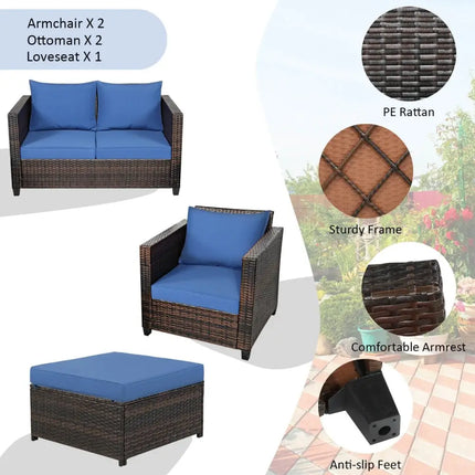 5 Pieces Patio Cushioned Rattan Furniture Set-Navy - Navy - Outdoor Sectionals