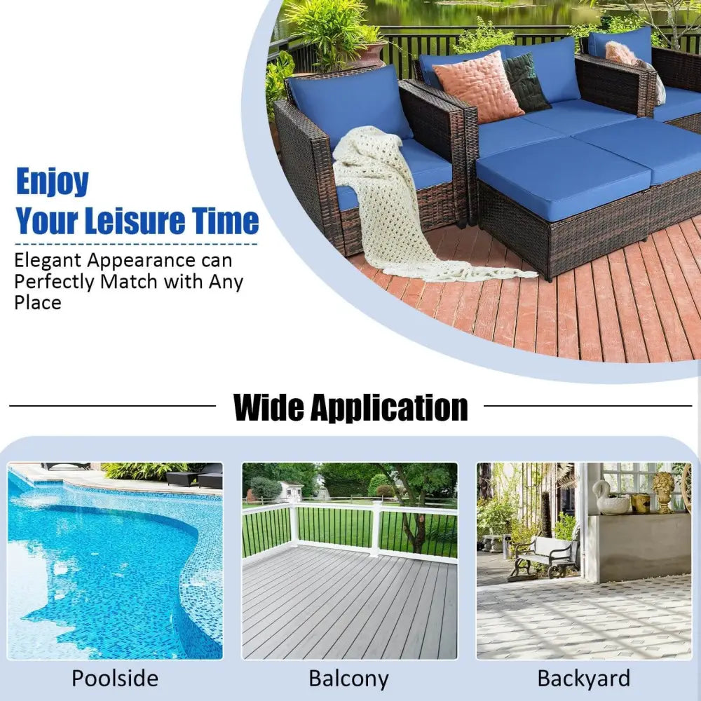 5 Pieces Patio Cushioned Rattan Furniture Set-Navy - Navy - Outdoor Sectionals