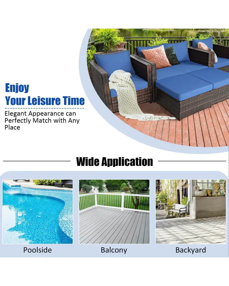 5 Pieces Patio Cushioned Rattan Furniture Set-Navy - Navy - Outdoor Sectionals