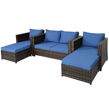 5 Pieces Patio Cushioned Rattan Furniture Set-Navy - Navy - Outdoor Sectionals