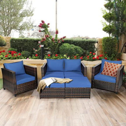 5 Pieces Patio Cushioned Rattan Furniture Set-Navy - Navy - Outdoor Sectionals