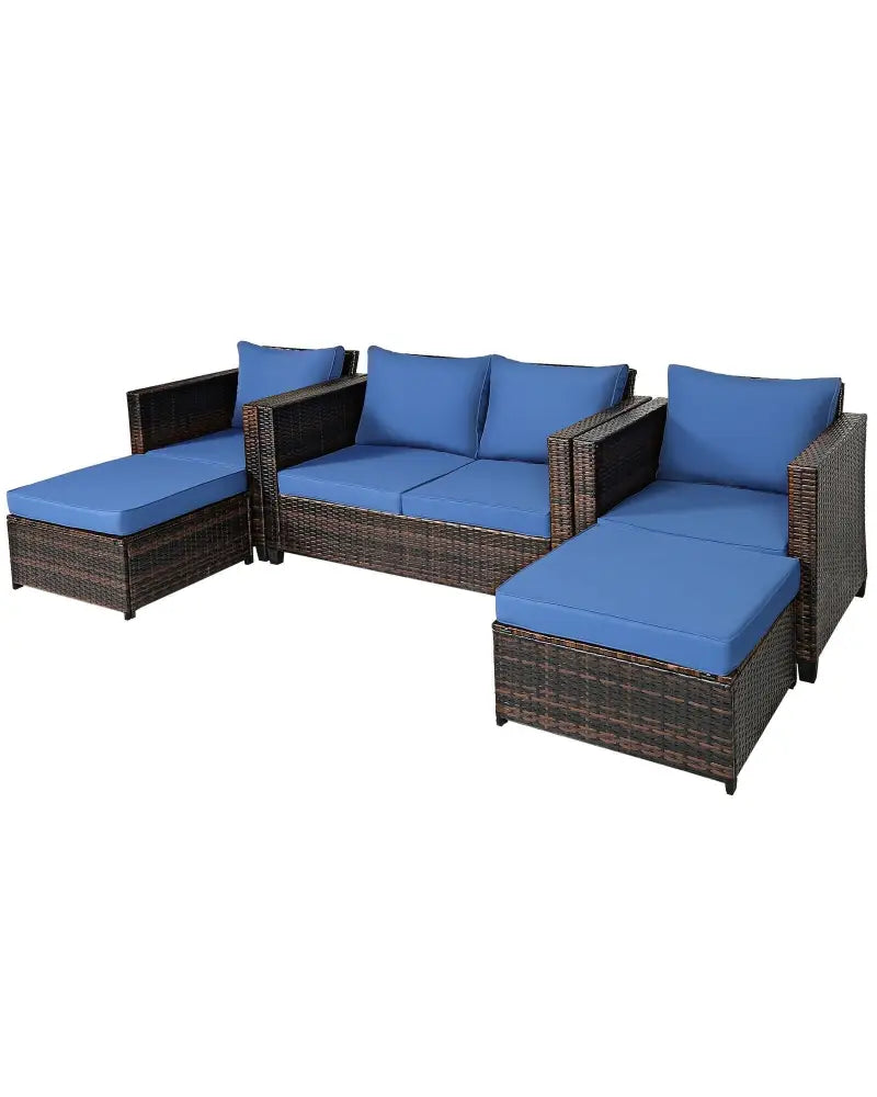 5 Pieces Patio Cushioned Rattan Furniture Set-Navy - Navy - Outdoor Sectionals