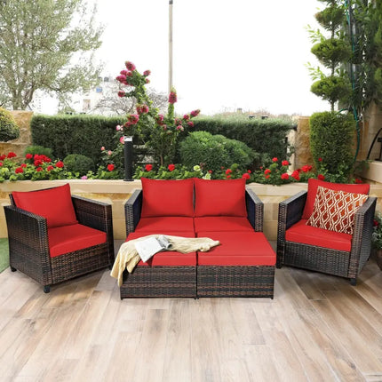 5 Pieces Patio Cushioned Rattan Furniture Set-Red - Red - Outdoor Sectionals