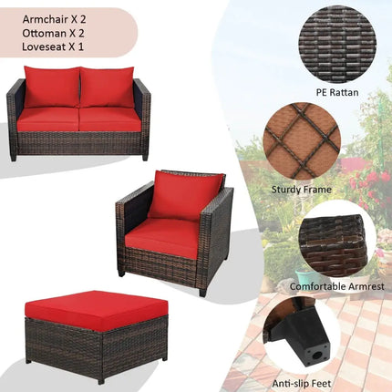 5 Pieces Patio Cushioned Rattan Furniture Set-Red - Red - Outdoor Sectionals