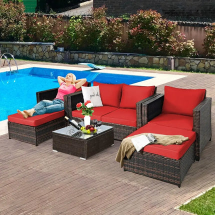 5 Pieces Patio Cushioned Rattan Furniture Set-Red - Red - Outdoor Sectionals