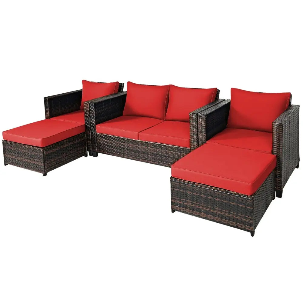 5 Pieces Patio Cushioned Rattan Furniture Set-Red - Red - Outdoor Sectionals