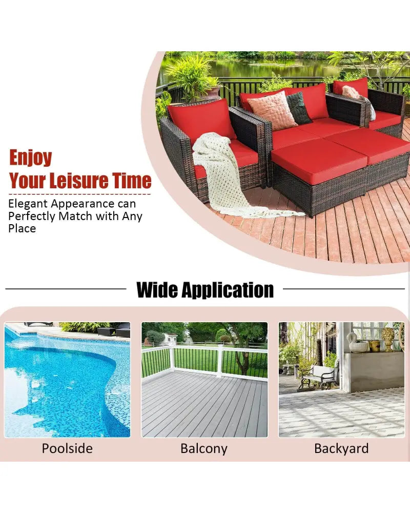 5 Pieces Patio Cushioned Rattan Furniture Set-Red - Red - Outdoor Sectionals