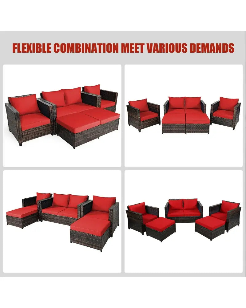 5 Pieces Patio Cushioned Rattan Furniture Set-Red - Red - Outdoor Sectionals
