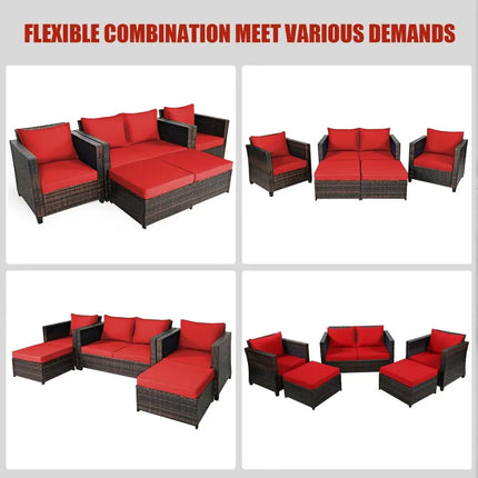 5 Pieces Patio Cushioned Rattan Furniture Set-Red - Red - Outdoor Sectionals